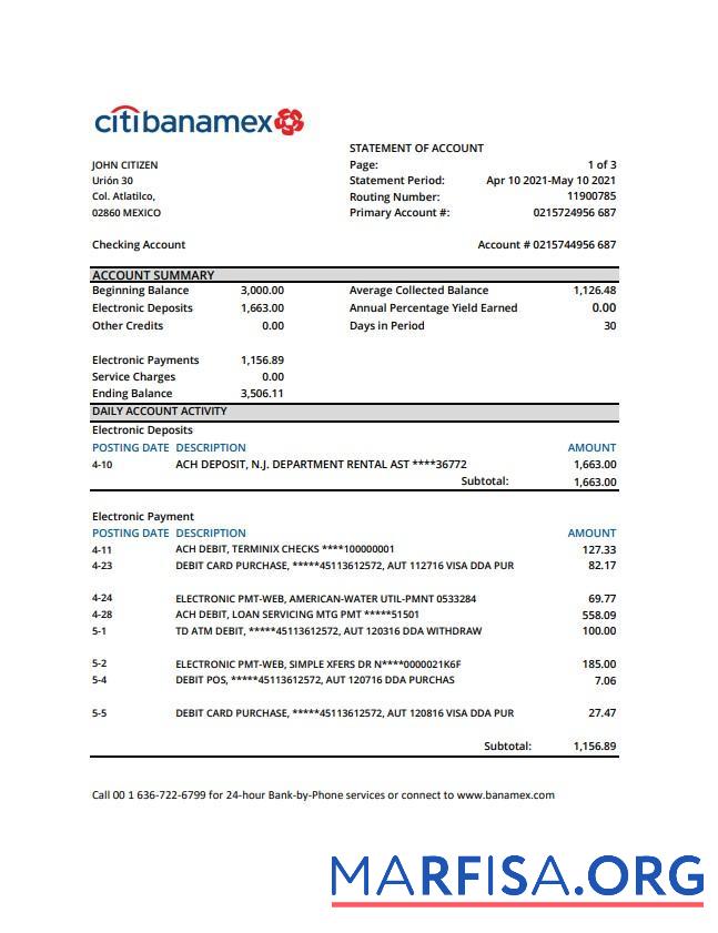 Printable Mexico Citibanamex bank statement excel download for verification